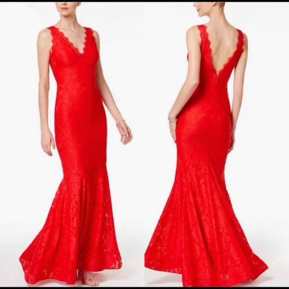 Betsy & Adam Long lace mermaid dress with v-neckline and deep v-back 6